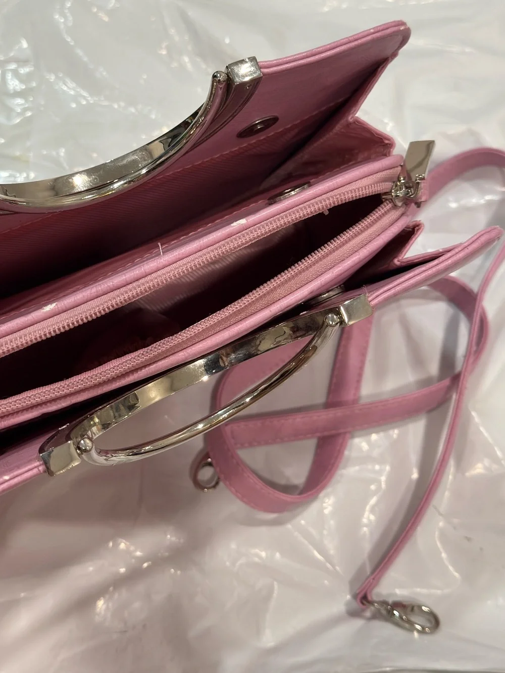 Vintage Mauve Pink Retro 70s Art Deco Mod Convertible Ring-Handle Tote + Strap